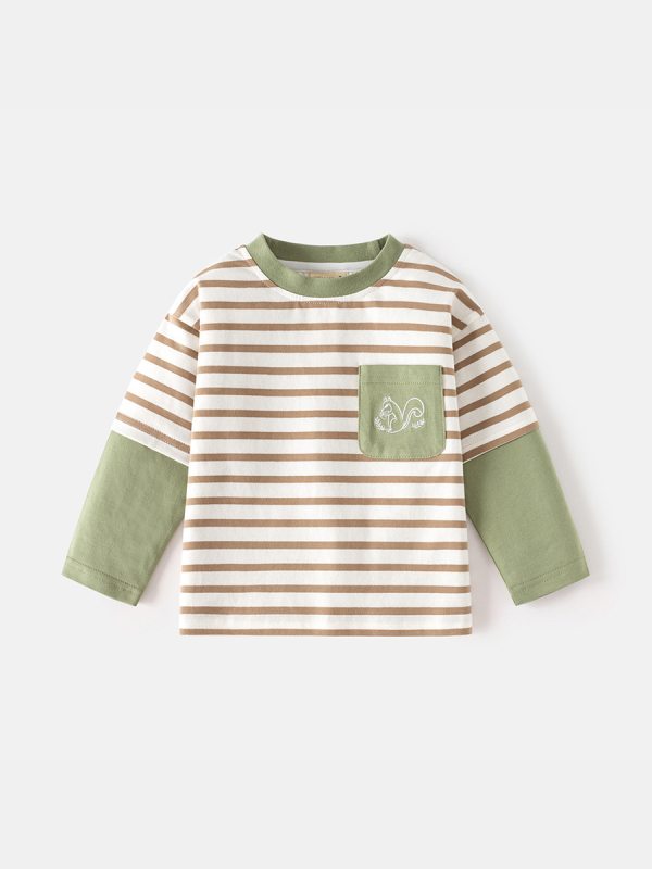 Fiúknak készült hosszúujjú pamut T‑shirt, kerek nyakú, színblokkolt ujjak, rajzfilm mintával, puha anyag, 3–8 év