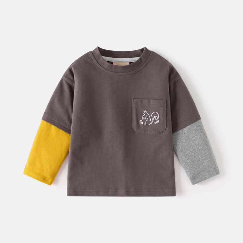 Fiúknak készült hosszúujjú pamut T‑shirt, kerek nyakú, színblokkolt ujjak, rajzfilm mintával, puha anyag, 3–8 év