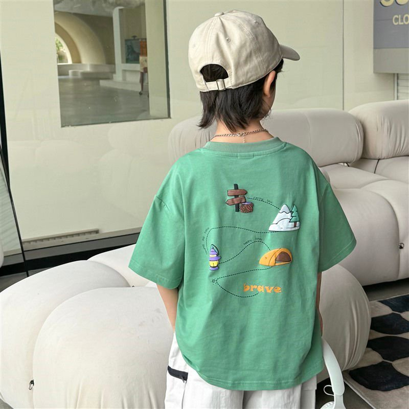 Hai Ma's House Nyár 2026 pamut rövid ujjú T-shirt habnyomásos mintával, gyerekeknek, koreai stílusú ruha