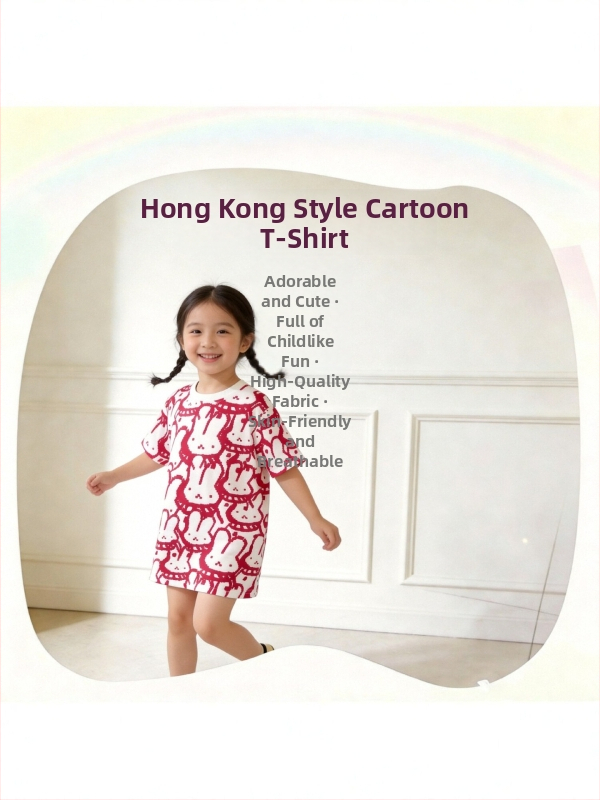 Hongkong-stílusú retro karikatúra lányok rövid ujjú póló, lazán szabott, bőrbarát pamut, aranyos és vidám nyári viselet
