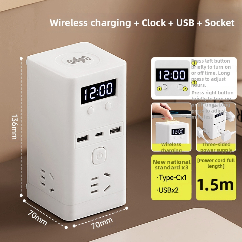 Vertikálny USB rozbočovač s bezdrôtovým nabíjaním, viacfunkčná stolná zásuvka s dlhým káblom