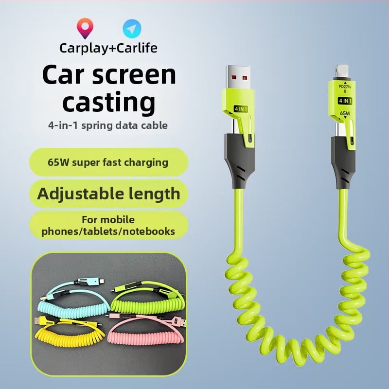 Sub-magnet 65W разтегателен 4-в-1 автомобилен кабел за зареждане с USB-C, Lightning и Micro-USB, дължина 1–2 м