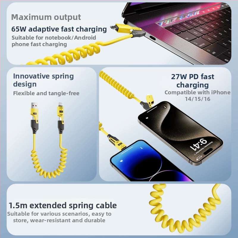Sub-magnet 65W разтегателен 4-в-1 автомобилен кабел за зареждане с USB-C, Lightning и Micro-USB, дължина 1–2 м