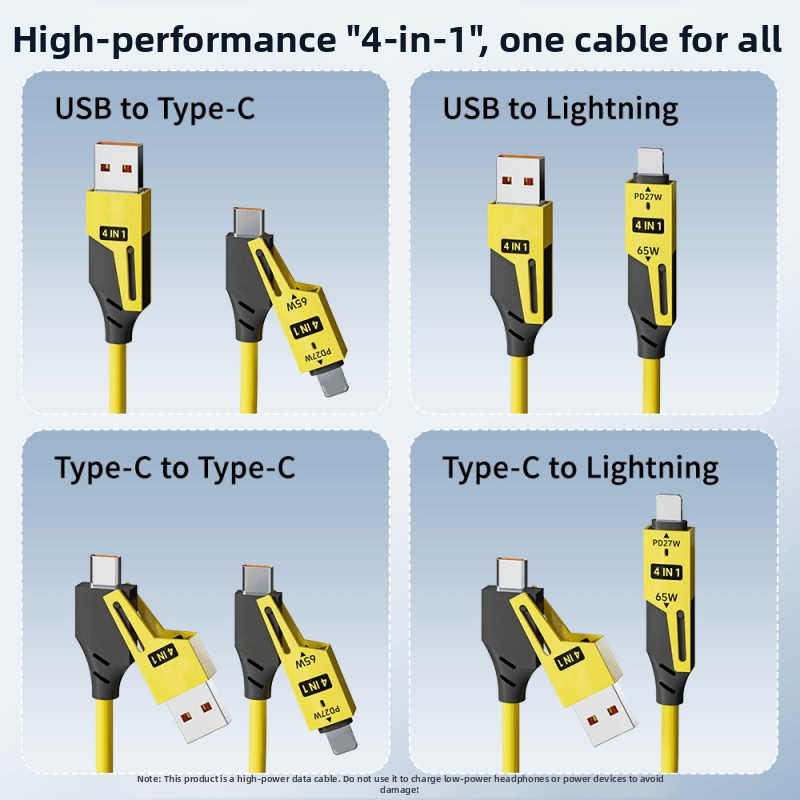 Sub-magnet 65W разтегателен 4-в-1 автомобилен кабел за зареждане с USB-C, Lightning и Micro-USB, дължина 1–2 м