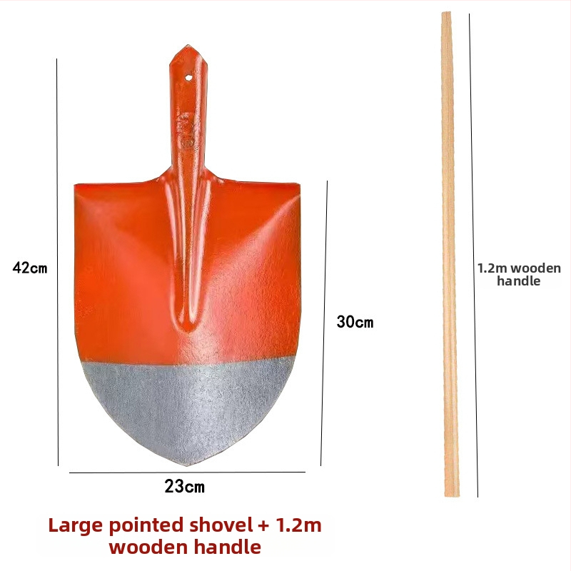 Lopata z plného ocele s drevenou rúčkou; štvorcová, plochá a okrúhla hlava; určená pre stavebníctvo a poľnohospodárstvo; šírka hlavy 20 cm, hmotnosť 458–905 g.