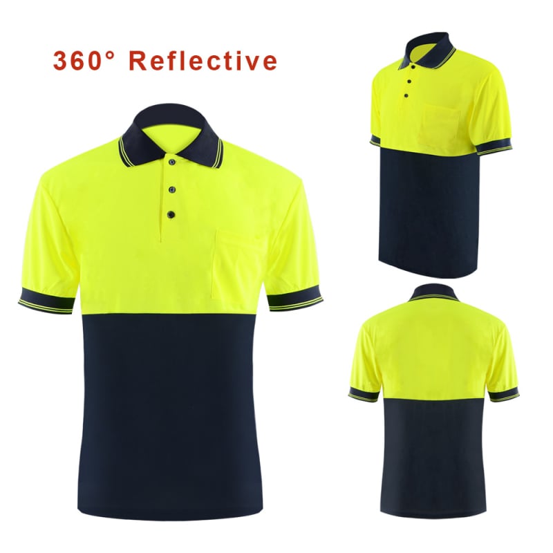 Brzo sušeća reflektirajuća polo majica u fluorescijsko žutoj i crnoj boji za rad na otvorenom i sigurnost u građevini, s mogućnošću logotipa