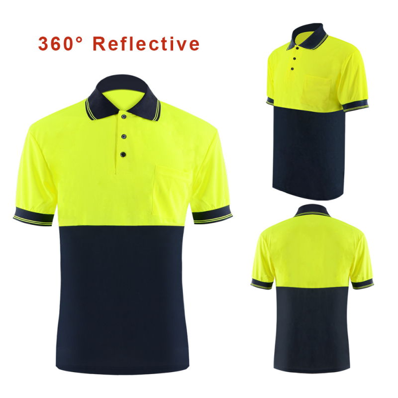 Brzo sušeća reflektirajuća polo majica u fluorescijsko žutoj i crnoj boji za rad na otvorenom i sigurnost u građevini, s mogućnošću logotipa