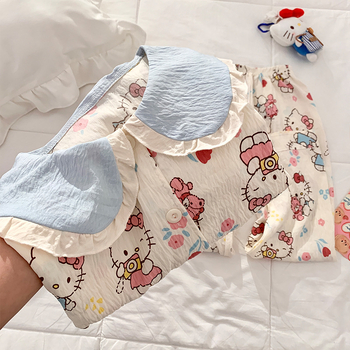 Детски пижами с яка от памук, пролетно-есенен модел, дълъг ръкав и дълги панталони, KT Cat, за деца със средно-голям размер, домашно облекло