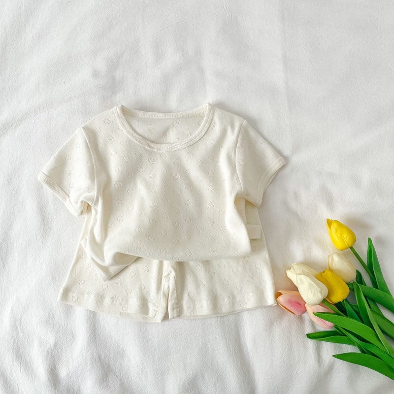 Nyári otthoni ruházati készlet lányoknak, koreai stílusú, szív mintás jacquard, könnyű pizsama gyerekeknek