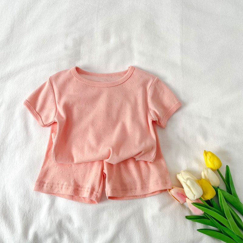 Nyári otthoni ruházati készlet lányoknak, koreai stílusú, szív mintás jacquard, könnyű pizsama gyerekeknek