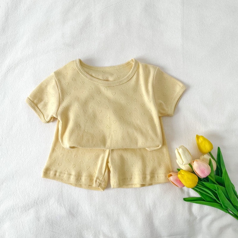 Nyári otthoni ruházati készlet lányoknak, koreai stílusú, szív mintás jacquard, könnyű pizsama gyerekeknek