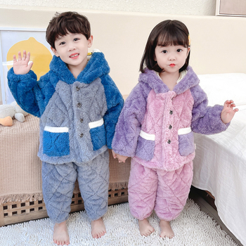 Téli gyerekeknek szóló otthoni meleg ruházat dupla fleece béléssel, vastag és meleg, két részes szett, koreai stílusú aranyos pizsama