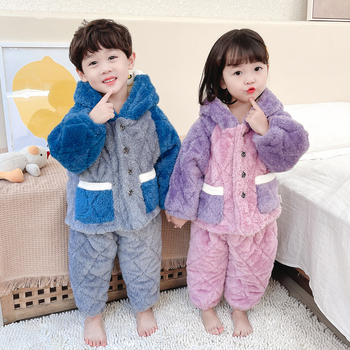 Téli gyerekeknek szóló otthoni meleg ruházat dupla fleece béléssel, vastag és meleg, két részes szett, koreai stílusú aranyos pizsama
