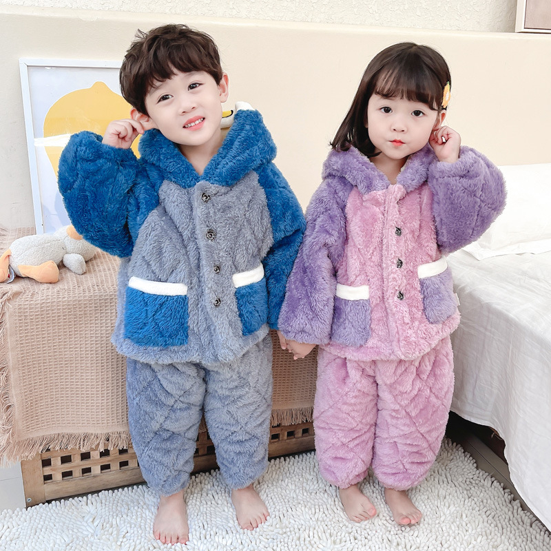 Téli gyerekeknek szóló otthoni meleg ruházat dupla fleece béléssel, vastag és meleg, két részes szett, koreai stílusú aranyos pizsama