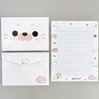 Minimalistički set kuverti i papira za pisanje sa slatkim malim fokom i karikaturnim likovima