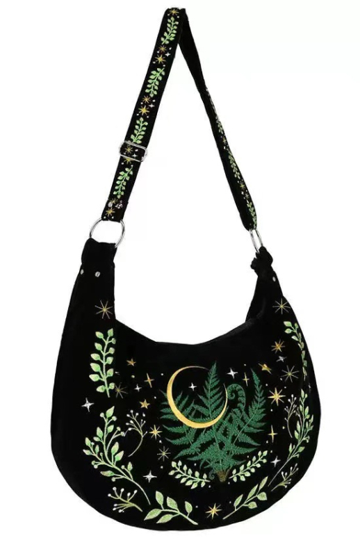 Europski tamni gotički stil, vez s motivom vještice i biljaka na flanelnom materijalu, crossbody torba velike kapacitete, vintage dizajn
