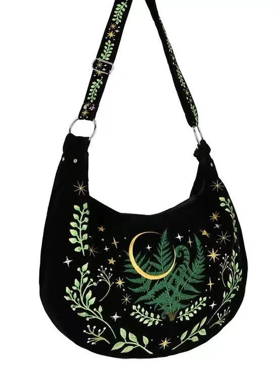 Europski tamni gotički stil, vez s motivom vještice i biljaka na flanelnom materijalu, crossbody torba velike kapacitete, vintage dizajn