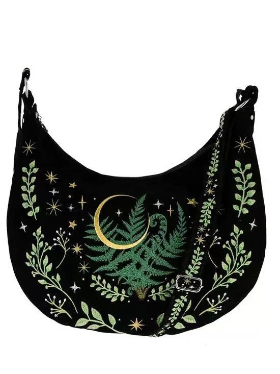 Europski tamni gotički stil, vez s motivom vještice i biljaka na flanelnom materijalu, crossbody torba velike kapacitete, vintage dizajn