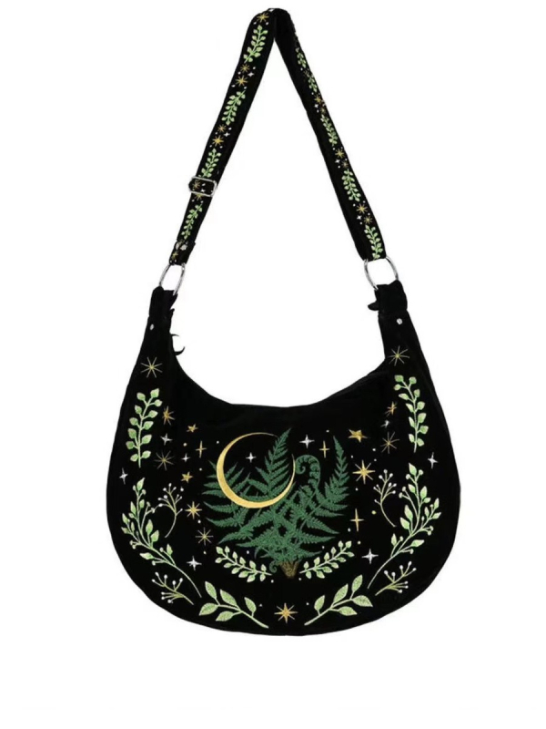 Europski tamni gotički stil, vez s motivom vještice i biljaka na flanelnom materijalu, crossbody torba velike kapacitete, vintage dizajn