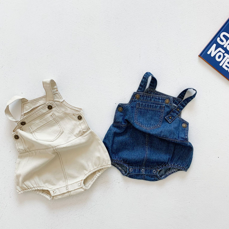 Koreai stílusú baba denim overál nyári-tavaszi, pamutból, ujj nélküli, uniszex