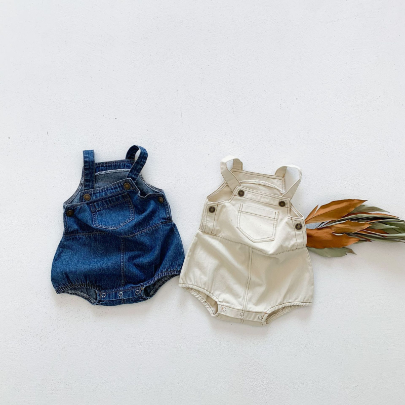 Koreai stílusú baba denim overál nyári-tavaszi, pamutból, ujj nélküli, uniszex
