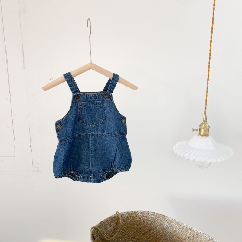 Koreai stílusú baba denim overál nyári-tavaszi, pamutból, ujj nélküli, uniszex