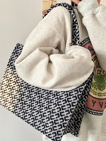 Ženska platnena torbica s jacquard uzorkom, vintage stil, veliki kapacitet