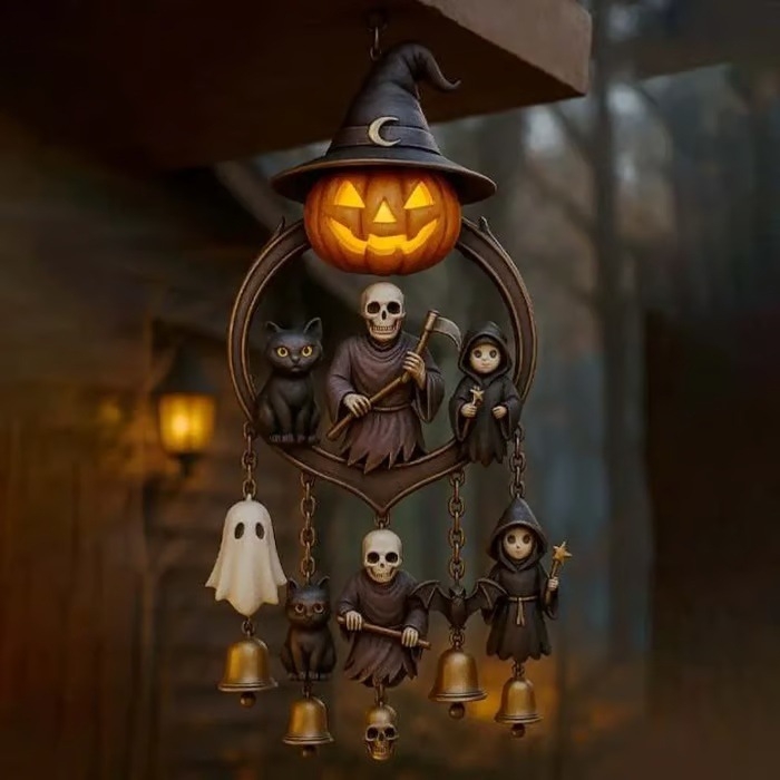 Gotički zvončić za Halloween s motivom tikve i duha – žetelac smrti