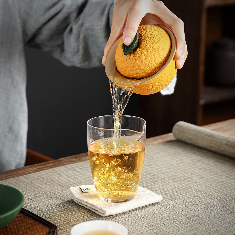 Keramički čajni set s poklopcem: zdjela mandarina, narančasta šalica i Kung Fu zdjela – kućna uporaba