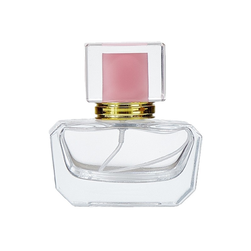30 ml-es üres üveg parfümhöz, négyszögletes, vastag aljú, átlátszó kozmetikai csomagolóüveg pumpás permetezővel
