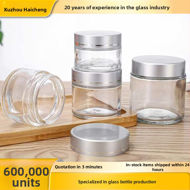 Átlátszó üveges krémes flakon, 50 g, kozmetikai üveg utazáshoz, fedél opciók: fekete, matt ezüst, arany