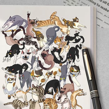 50 karikatura PET naljepnica s mačjim ogrebotinama – slatke mačke za DIY dnevnik, vodootporne za kacigu za skateboard