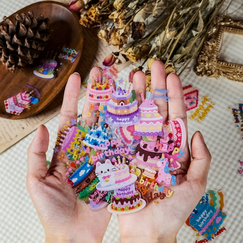 56 prozirnih PET naljepnica s grafitima rođendanske torte, pogodne za boce s vodom, planere i tablete, slatki dječji crtići