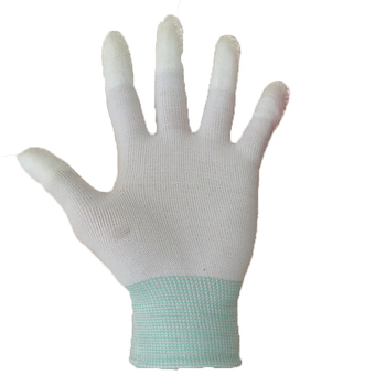 PU premazane zaštitne rukavice za zaštitu od prašine, protivklizne i antistatike; prekriveni prsti; materijal najlon; duljina 18 cm; pletene manžete; bijela boja; univerzalna veličina; za kućnu upotrebu.