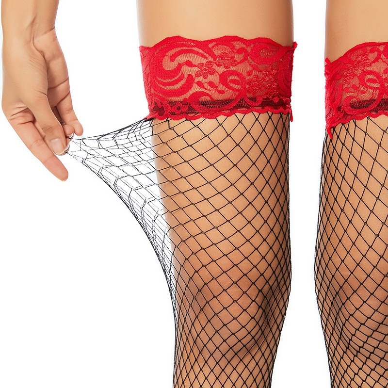 Crne mrežaste čarape iznad koljena s crvenim rubom i retro čipkastim rubom, seksi mrežaste