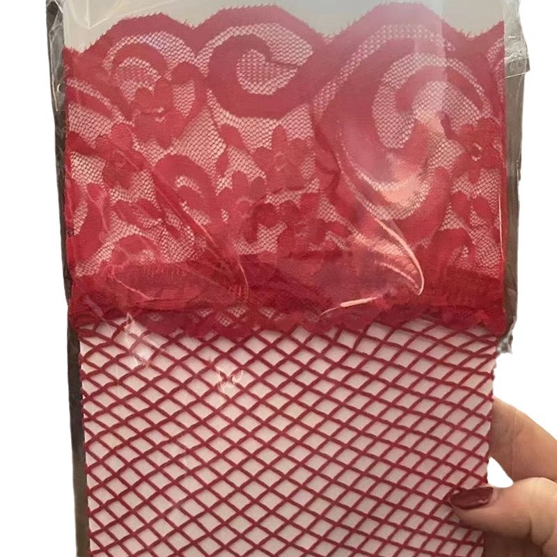 Crne mrežaste čarape iznad koljena s crvenim rubom i retro čipkastim rubom, seksi mrežaste