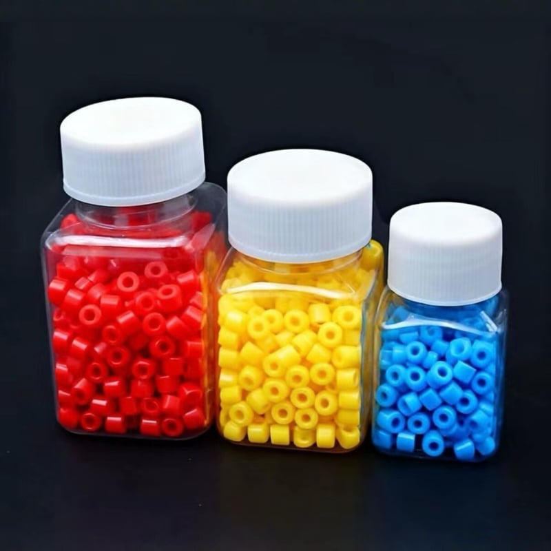 30 ml-es négyzet alakú PET műanyag üvegek, 221 darabos készlet, átlátszó adagoló palackok gyöngyök tárolására, élelmiszer-minőségű PET anyag, fedéllel