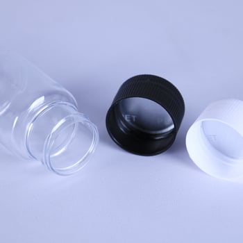 PET nagy szájú, átlátszó, kerek üveg, 30 ml, kupakkal