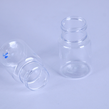 PET nagy szájú, átlátszó, kerek üveg, 30 ml, kupakkal