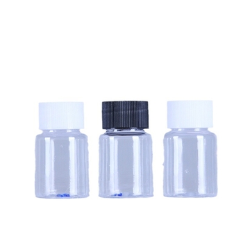 PET nagy szájú, átlátszó, kerek üveg, 30 ml, kupakkal
