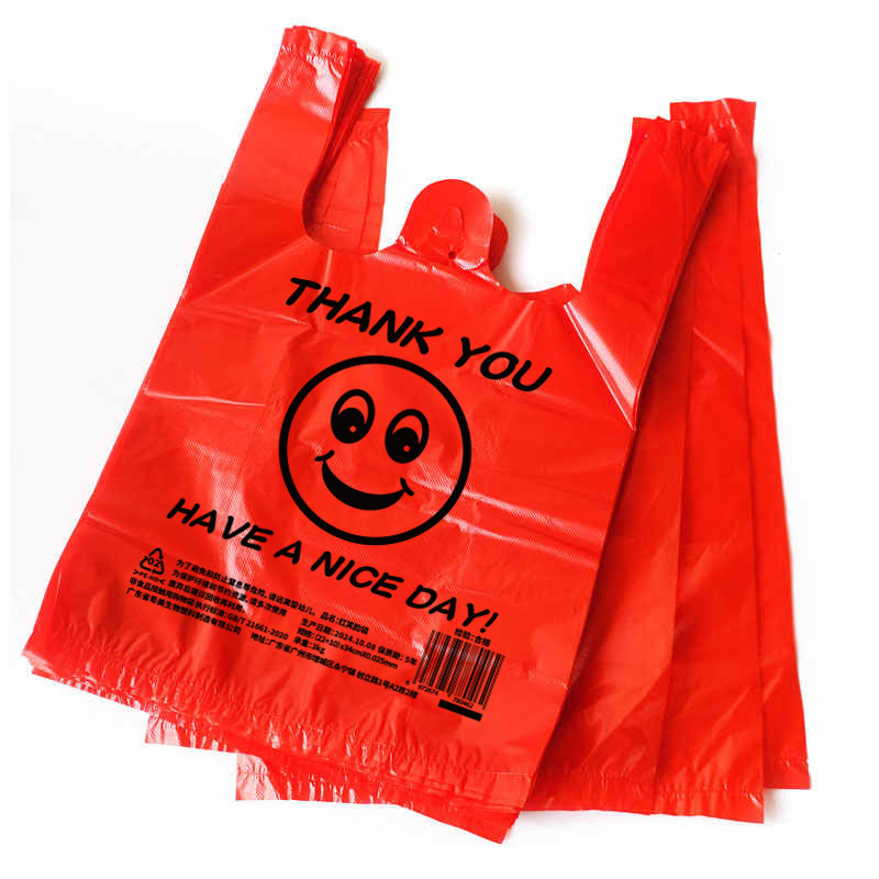 Sacoșă din plastic roșie, transparentă, de unică folosință, cu mâner, pentru ambalarea alimentelor