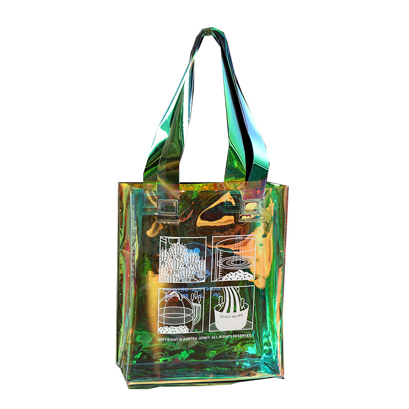 Geantă PVC transparentă cu finisaj holografic lucios, geantă TPU jelly, sacoșă de cumpărături transparentă, personalizabilă