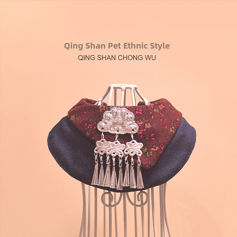 Qingshan Pets Bandana pre domáce zvieratá v etnickom štýle pre mačky a psy, ľanový trojuholníkový šál s karikatúrnym vzorom