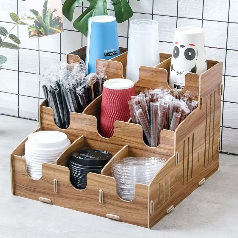Raft din lemn pentru pahare de unică folosință și dispenser, potrivit pentru ceai cu lapte și cafea, suport de birou, 201-300 ml