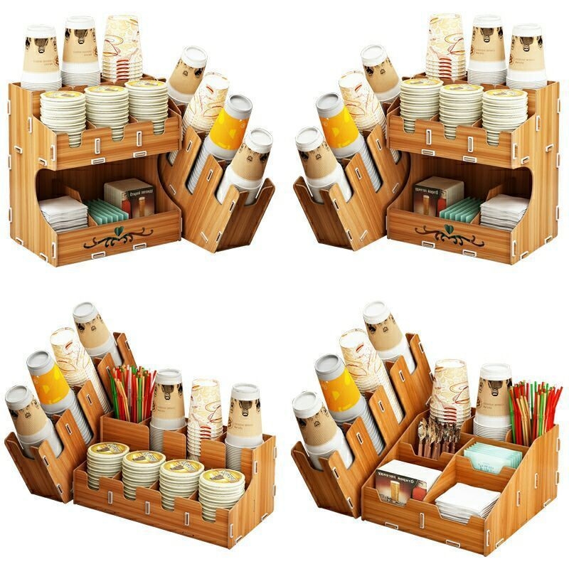 Raft din lemn pentru pahare de unică folosință și dispenser, potrivit pentru ceai cu lapte și cafea, suport de birou, 201-300 ml