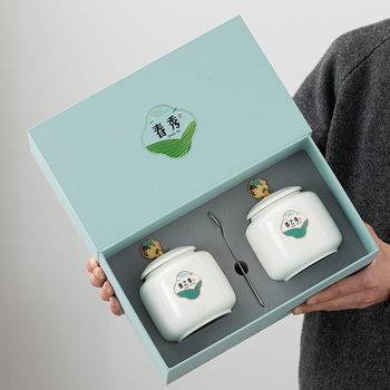 Canistru ceramic pentru ceai Dragon Well cu cutie cadou, ambalaj pentru ceai verde și cutii pentru ceai alb Anji