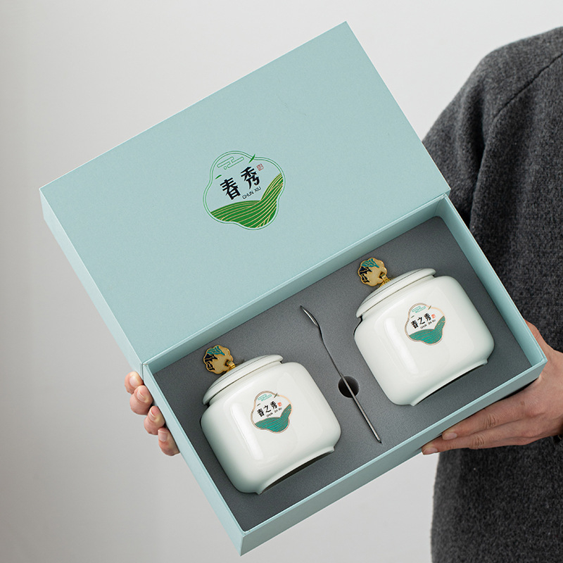 Canistru ceramic pentru ceai Dragon Well cu cutie cadou, ambalaj pentru ceai verde și cutii pentru ceai alb Anji