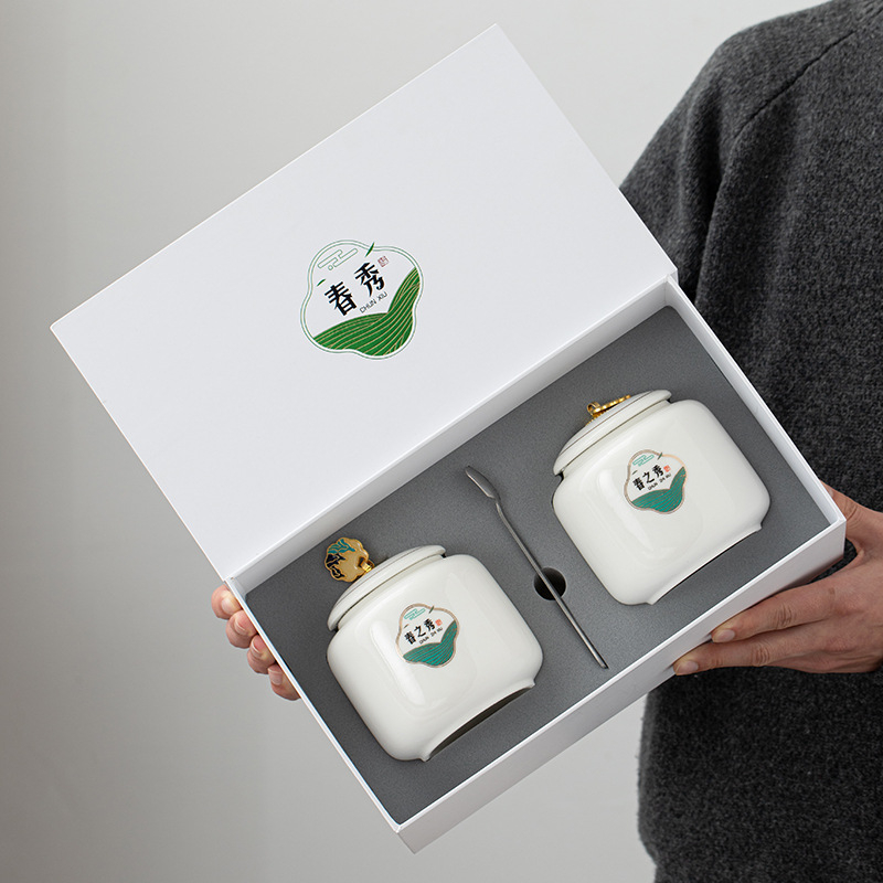 Canistru ceramic pentru ceai Dragon Well cu cutie cadou, ambalaj pentru ceai verde și cutii pentru ceai alb Anji