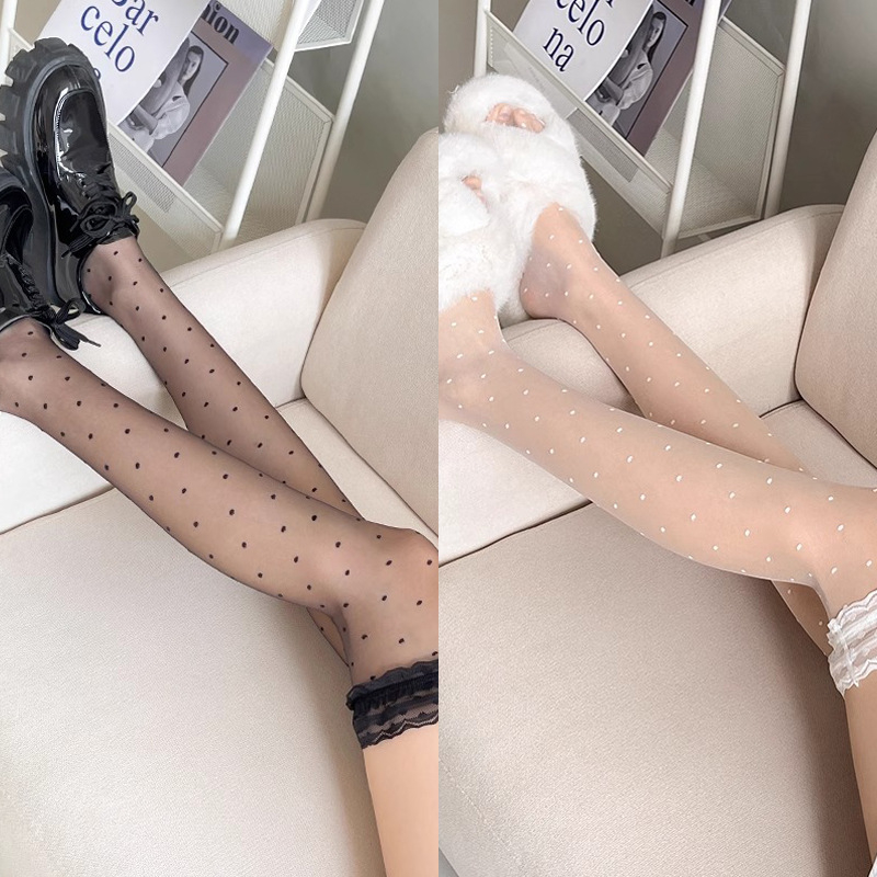 Crne čarape iznad koljena s točkastim uzorkom, 0D ultra tanke i prozračne, čipka, silikon protivklizni, seksi retro za ljeto