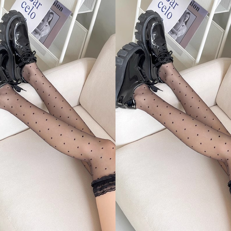 Crne čarape iznad koljena s točkastim uzorkom, 0D ultra tanke i prozračne, čipka, silikon protivklizni, seksi retro za ljeto
